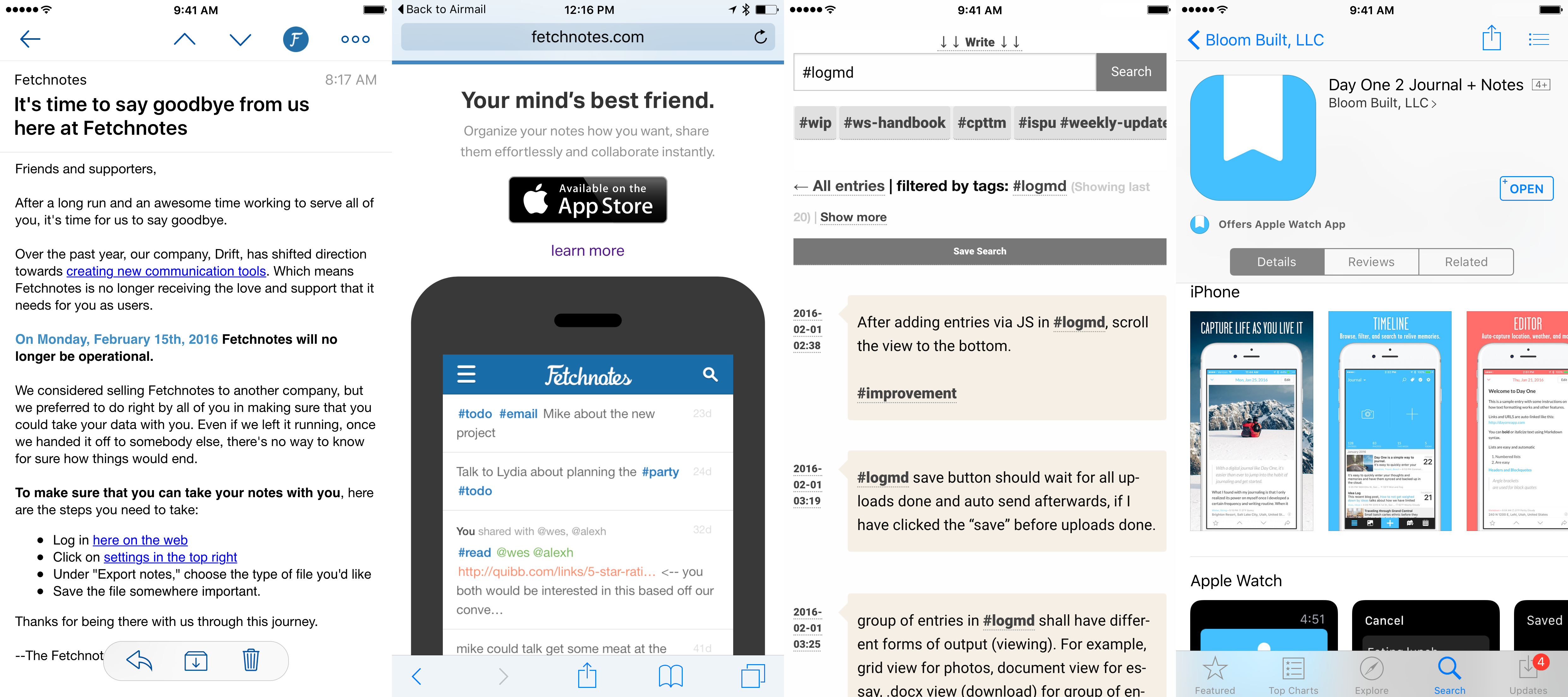 Screenshot of Fetchnotes, Log.md and DayOne